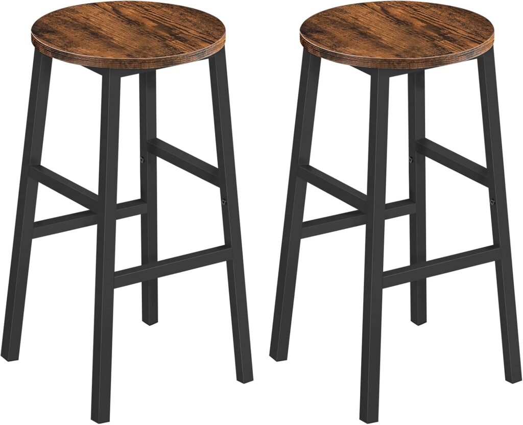 Bar Stools, Set of 2 Round Bar Chairs with Footrest, 24.4 Inch Kitchen Breakfast Bar Stools, Industrial Bar Stools, Easy Assembly, for Dining Room, Kitchen, Rustic Brown BAHR0201Z