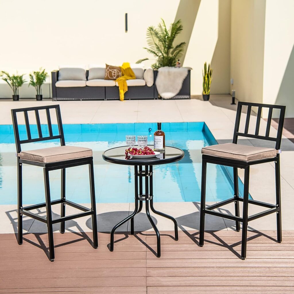 COSTWAY 2 PCS Patio Bar Chairs, Heavy-Duty Metal Frame Bar Stools Set of 2, Indoor Outdoor All-Weather Resistant Barstools with Detachable Cushion  Footrest, for Patio, Garden, Poolside