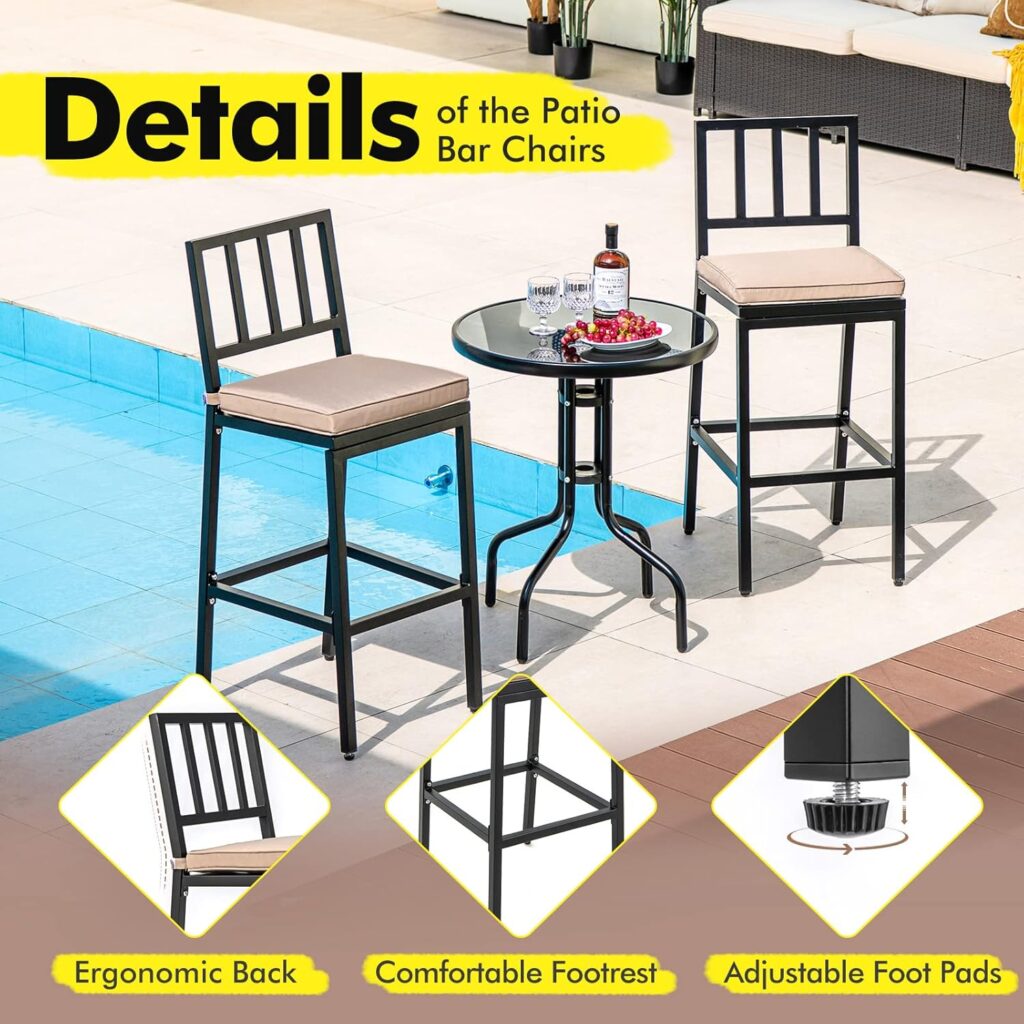 COSTWAY 2 PCS Patio Bar Chairs, Heavy-Duty Metal Frame Bar Stools Set of 2, Indoor Outdoor All-Weather Resistant Barstools with Detachable Cushion  Footrest, for Patio, Garden, Poolside