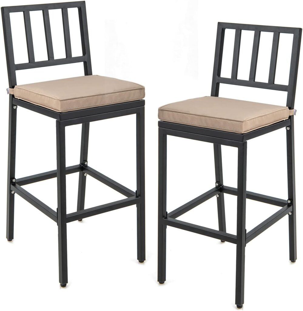 COSTWAY 2 PCS Patio Bar Chairs, Heavy-Duty Metal Frame Bar Stools Set of 2, Indoor Outdoor All-Weather Resistant Barstools with Detachable Cushion  Footrest, for Patio, Garden, Poolside