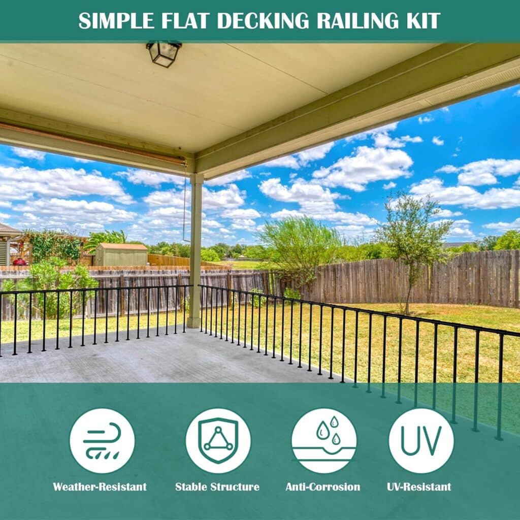 Deck Railing Metal Porch Railing Guard Rail Kit with Balusters Wrought Iron Flat Railing Kit Outdoor Metal Railing for Deck, Porch, and Balcony (34 in. H x 4 ft. W)