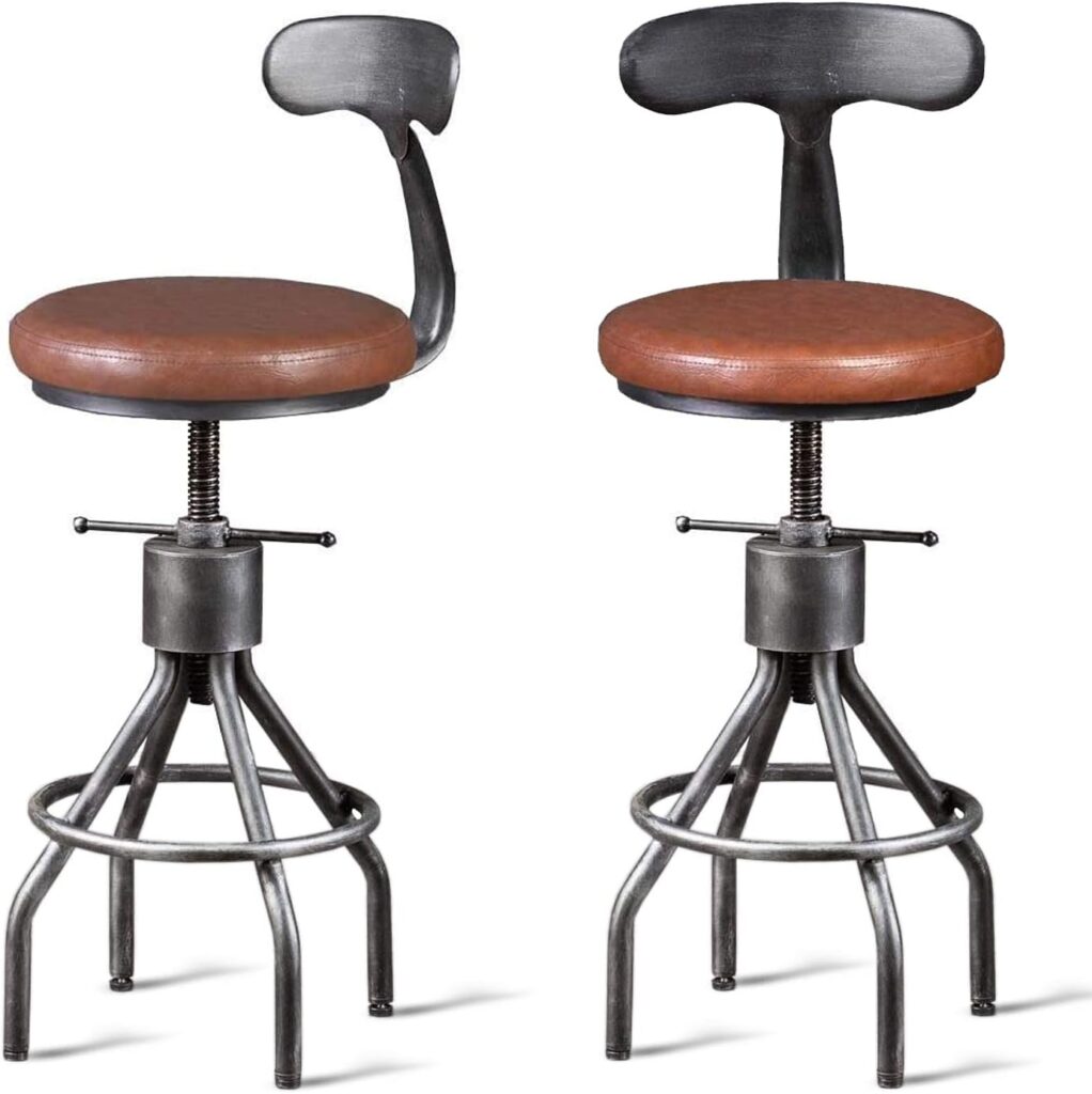 Diwhy Industrial Vintage Bar Stool,Kitchen Counter Height Adjustable Pipe Stool,Cast Iron Stool,Swivel Bar Stool with Backrest,Metal Stool,Silver,Fully Welded Set of 2 Brown Upholstered