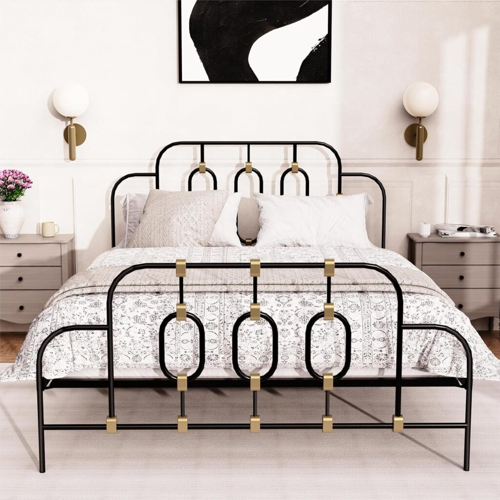 Dolonm Vintage Full Metal Bed Frame with Headboard and Footboard Platform, Solid Metal Slat in Heavy Duty Wrought Iron Made, No Box Spring Needed, Black with Gold Details