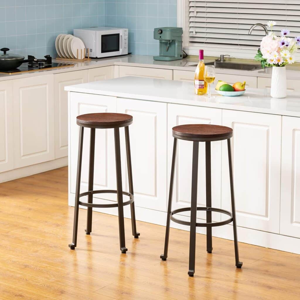 Glitzhome 29.25 H Rustic Steel Bar Stool Round Wood Top Dining Room Pub Height Chairs Set of 2