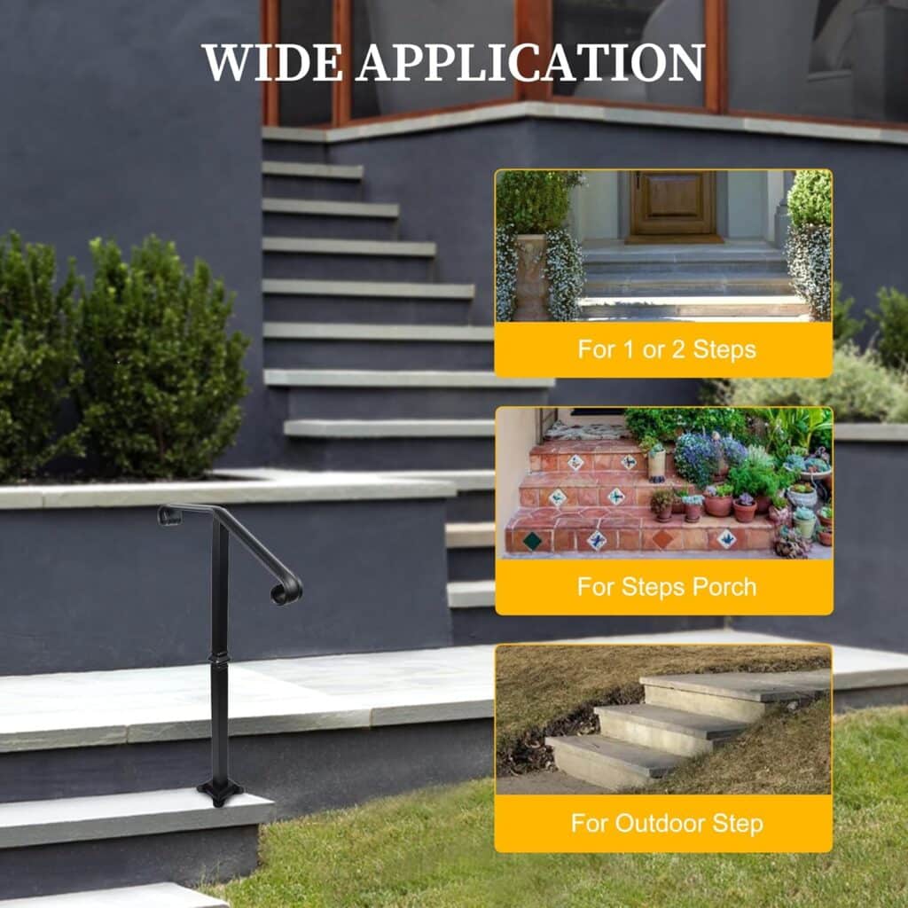 Handrail Railing, Single Post Handrail, Stair Railing for Concrete, Sturdy Handrails with Base, Wrought Iron Stair Handrail for 1 or 2 Steps, Grab Rail for Steps Porch, Railings for Outdoor Step