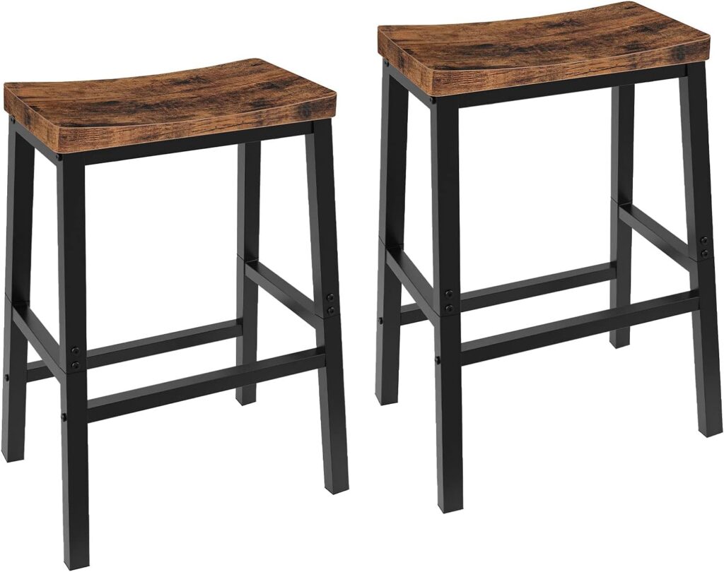 HOOBRO Bar Stools, Set of 2 Bar Chairs, 23.6 Inch Saddle Stools, Kitchen Counter Stools with Footrests, Industrial Stools for Dining Room, Kitchen, Counter, Bar, Rustic Brown and Black BF02MD01