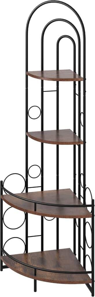 JOIN IRON Fan-Shaped Corner Storage Shelves,4-Tier Corner Shelf,Corner Shelves for Storage and Display,Corner Ladder Shelf for Living Room, Kitchen,Home Office. (Rustic Brown)