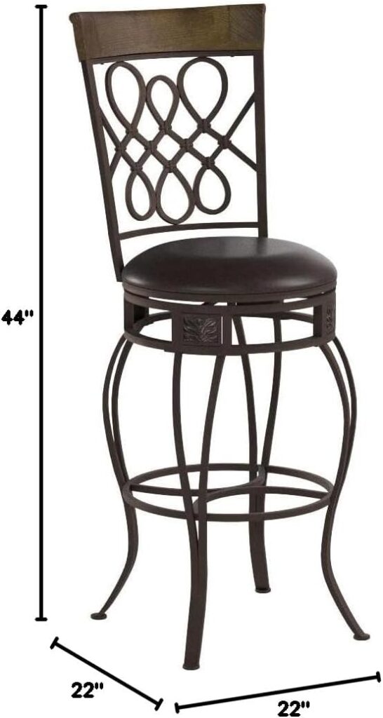 Kira Home Monarch I 30 Swivel Bar Stool, Brown Leatherette Seat Cushion, Scroll Backrest with Real Wood Accent, Old Steel Finish, Set of 2