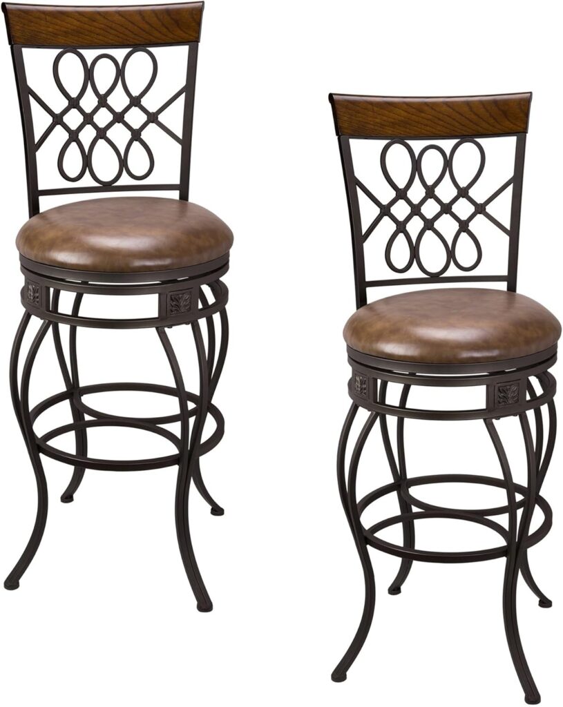 Kira Home Monarch I 30 Swivel Bar Stool, Brown Leatherette Seat Cushion, Scroll Backrest with Real Wood Accent, Old Steel Finish, Set of 2