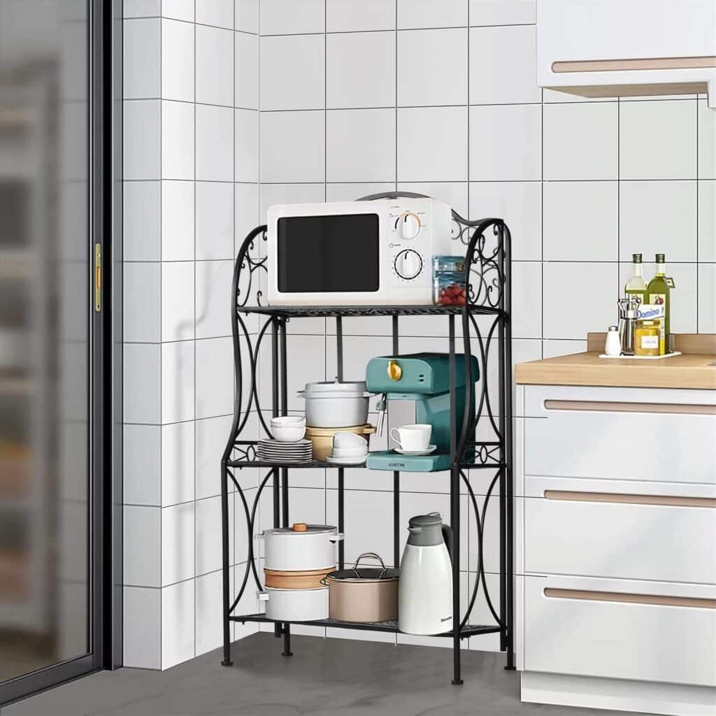 Kitchen Metal Bakers Rack Microwave Oven Stand Kitchens with Storage Three-Tiered Kitchen Organization Shelf Rack, 27 x 13.75 x 48.6,Antique Bronze