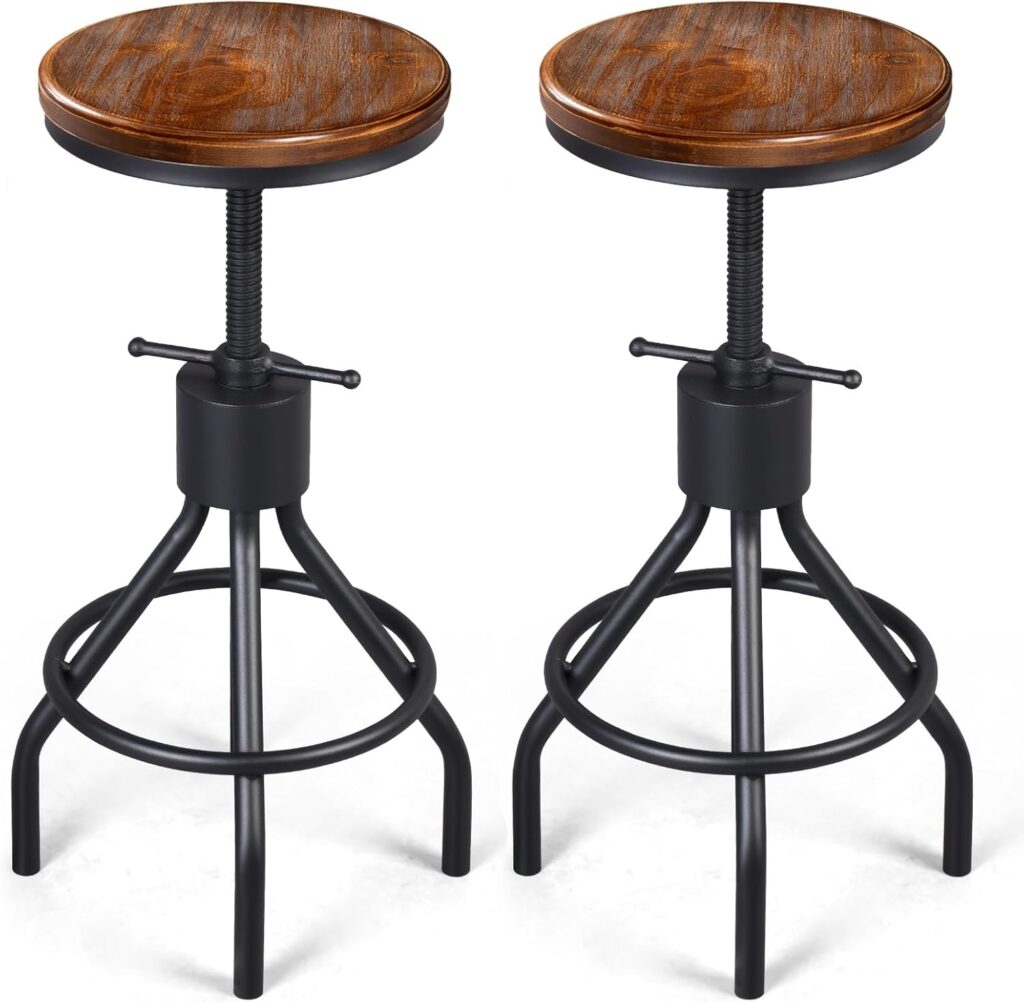 LOKKHAN Set of 2 Industrial Bar Stool-Vintage Adjustable Round Wood Metal Swivel Bar Stool-Cast Iron-23-30 Inch Tall Counter Bar Height Farmhouse Kitchen Stools