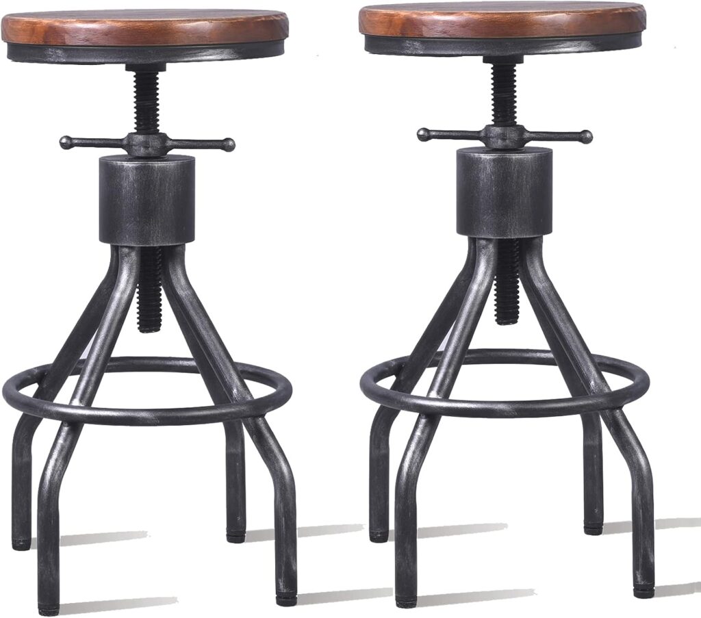 LOKKHAN Set of 2 Industrial Bar Stool-Vintage Adjustable Round Wood Metal Swivel Bar Stool-Cast Iron-23-30 Inch Tall Counter Bar Height Farmhouse Kitchen Stools