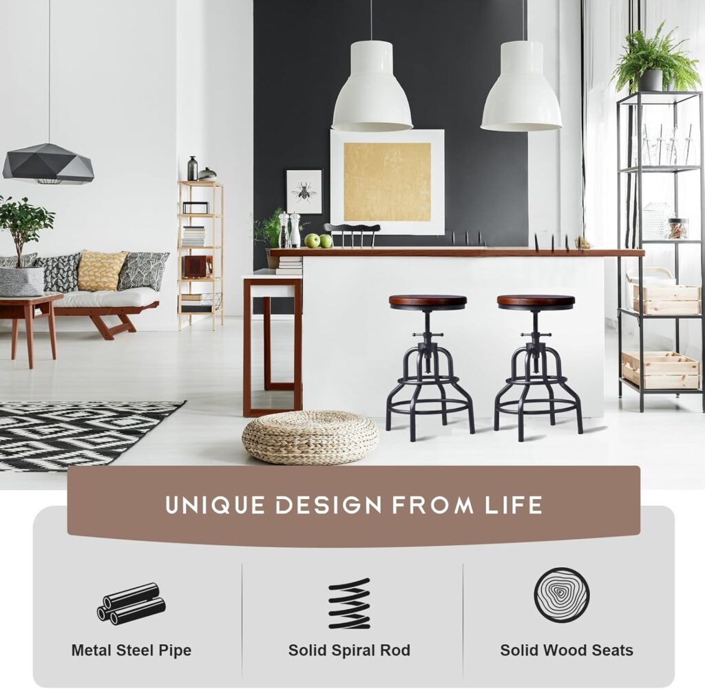 LOKKHAN Vintage Industrial Bar Stool-Rustic Swivel Bar Stool-Round Wood Metal Stool-Kitchen Counter Height Adjustable Pipe Stool-Cast Steel Stool 20-27 Inch (Set of 2)