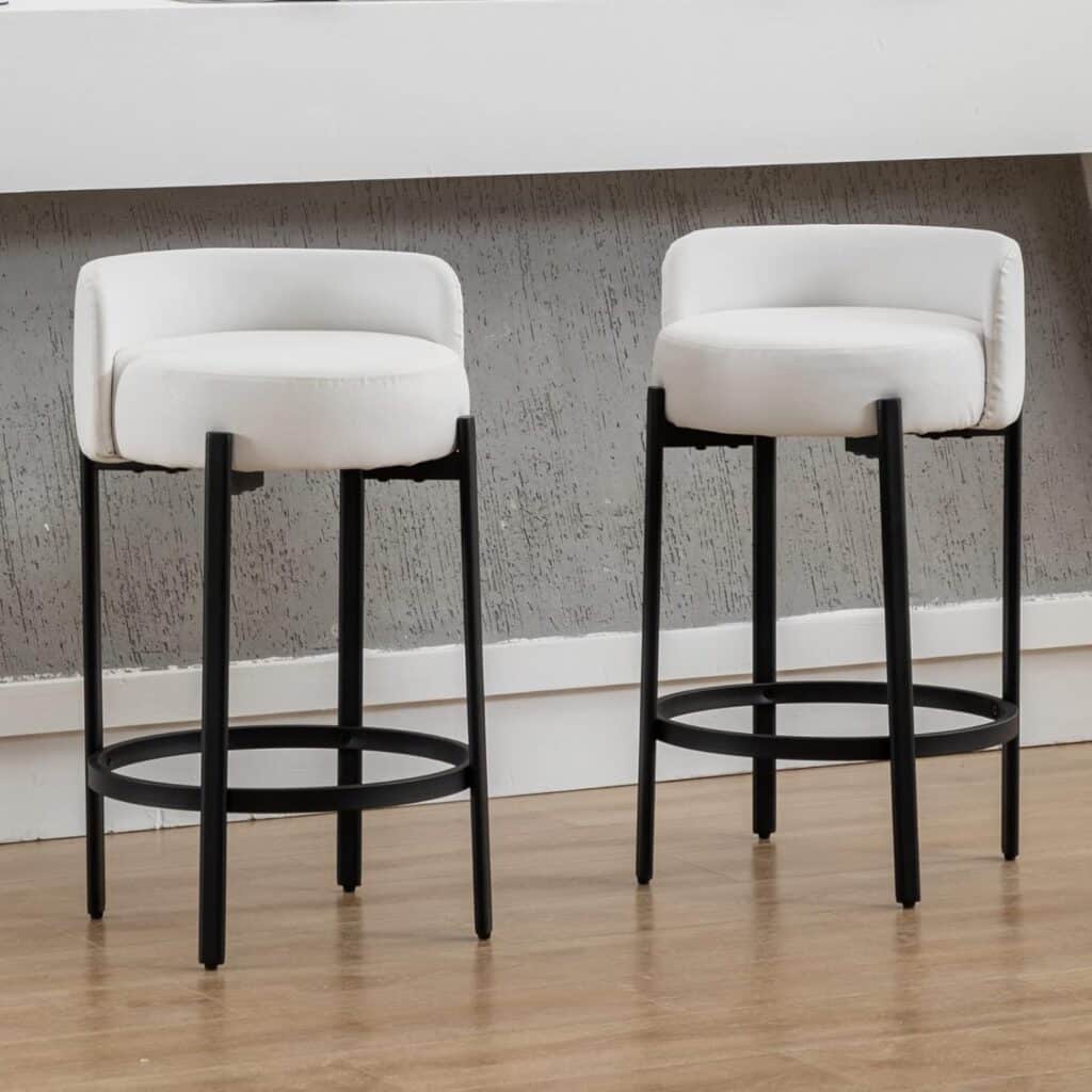 LukeAlon Modern PU Leather Counter Stools Set of 2, Upholstered 26 Seat Height Barstools with Black Metal Legs Round Low Back Kitchen Stools with Footrest for Dining Room Small Places, Cream White