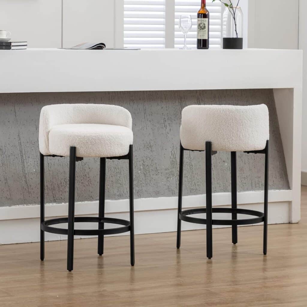 LukeAlon Modern PU Leather Counter Stools Set of 2, Upholstered 26 Seat Height Barstools with Black Metal Legs Round Low Back Kitchen Stools with Footrest for Dining Room Small Places, Cream White