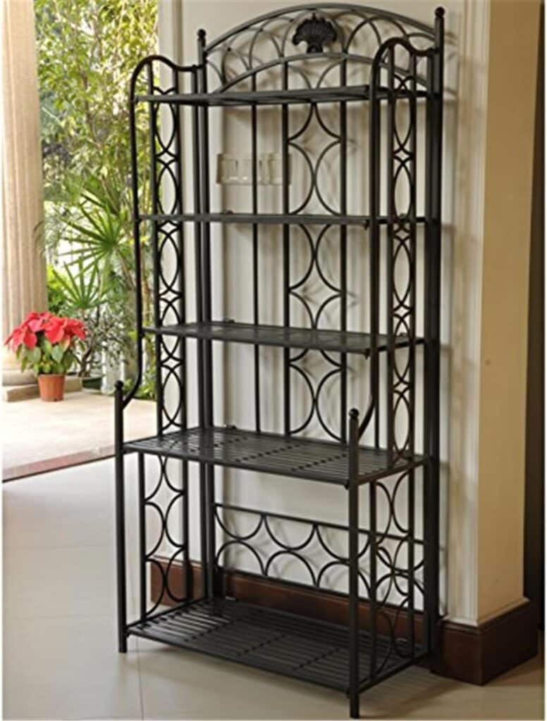 Medieval Majesty 5-Tier Bakers Rack - Sturdy Iron Construction, Elegant Hammered Finish, Dimensions: 67 x 31 x 16 Inches, Great for Storage, Black