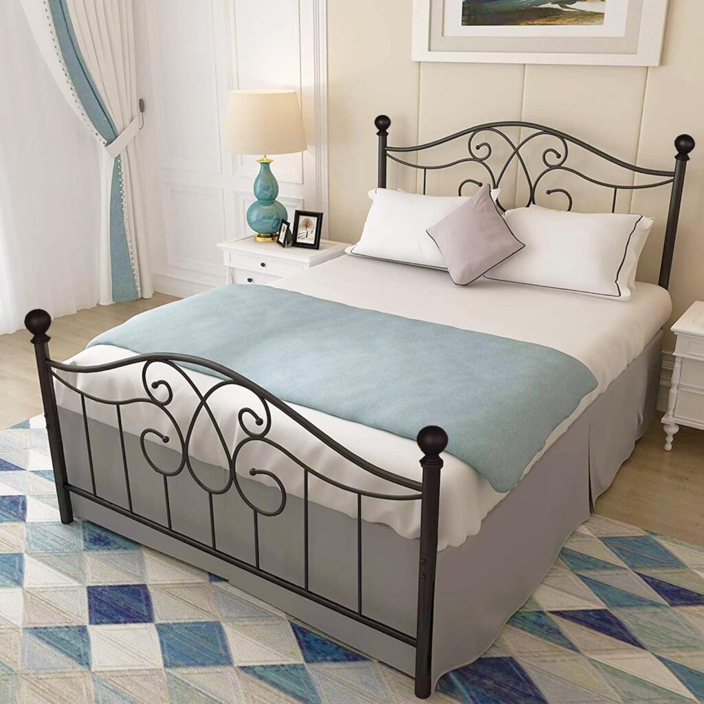 Metal Bed Frame with Rustic Vintage headboard and Footboard, Stable Steel slats to Support The Mattress Base, Easy to Assemble.