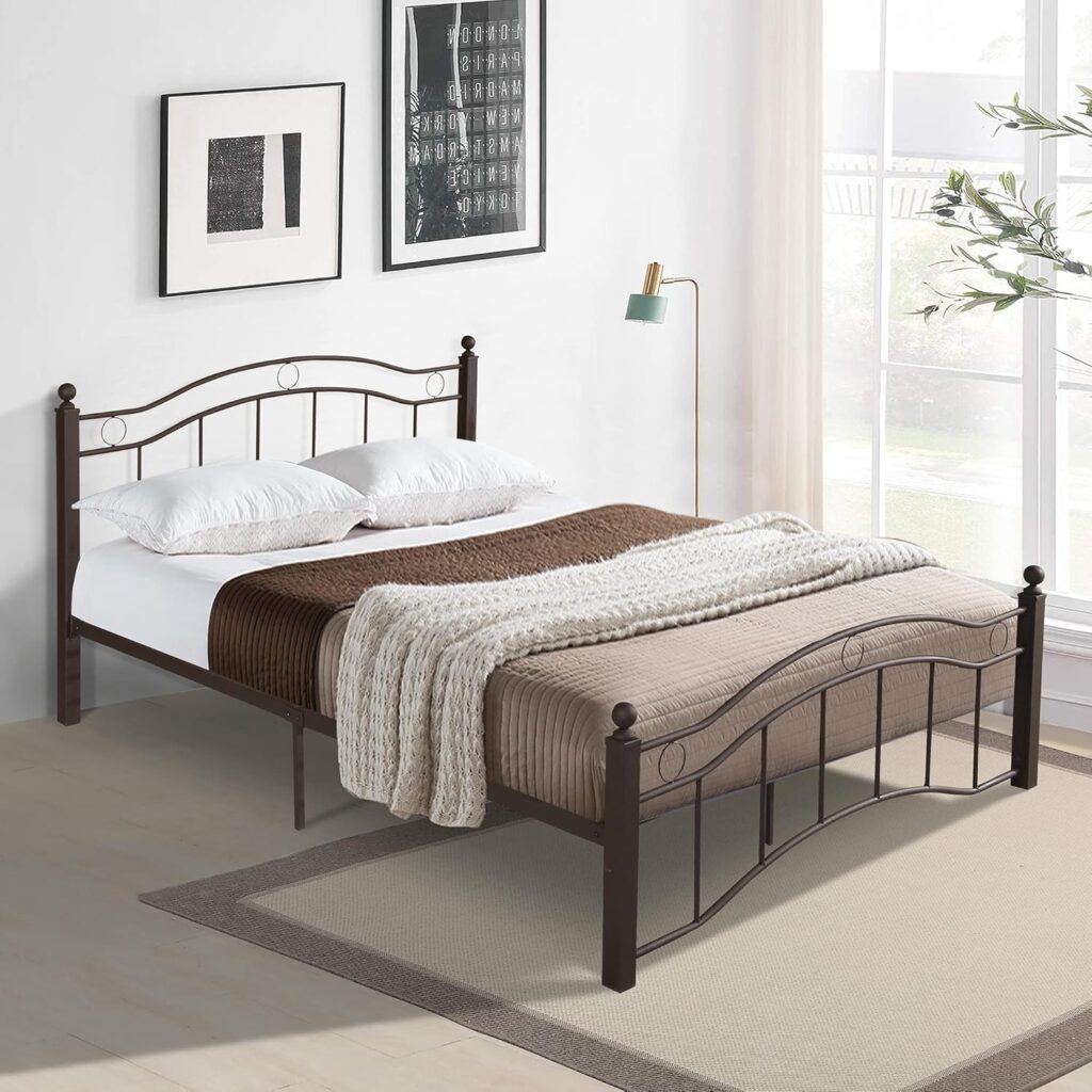 Metal Bed Frame with Vintage Headboard and Footboard, Premium Stable Steel Slat Support Mattress Foundation, Easy Assembly