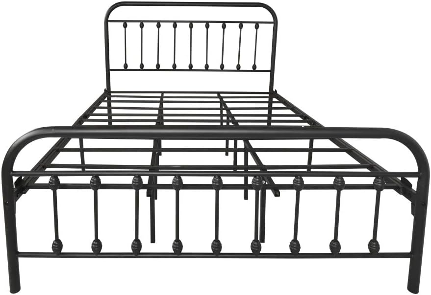 Metal Bed Frame with Vintage Headboard and Footboard, Premium Stable Steel Slat Support Mattress Foundation, No Box Spring Needed and Easy Assembly