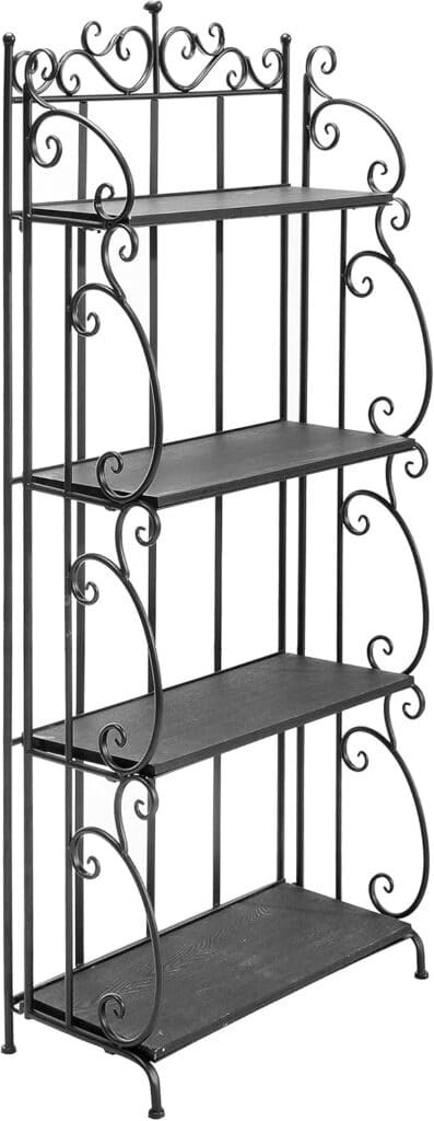 MyGift Black Metal Freestanding Shelf Rack, Decorative Bakers Rack Bookshelf Storage Shelf Unit with Metal Scrollwork Frame, Indoor Plant Pot Display Stand with 4 Wood Shelves