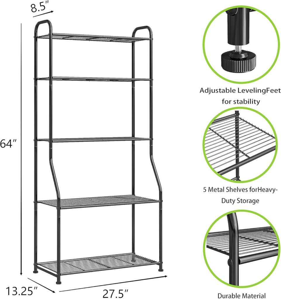 Plant Stand 5-Tier Plant Shelf for Indoor Outdoor, Waterproof Metal Tall Plant Stand for Living Room Bathroom Balcony Garden, Black