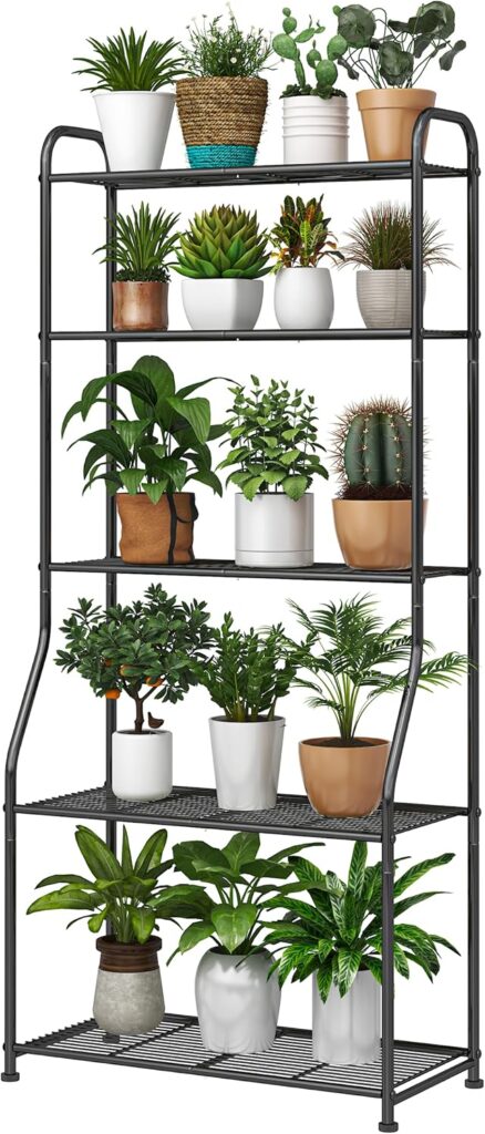 Plant Stand 5-Tier Plant Shelf for Indoor Outdoor, Waterproof Metal Tall Plant Stand for Living Room Bathroom Balcony Garden, Black