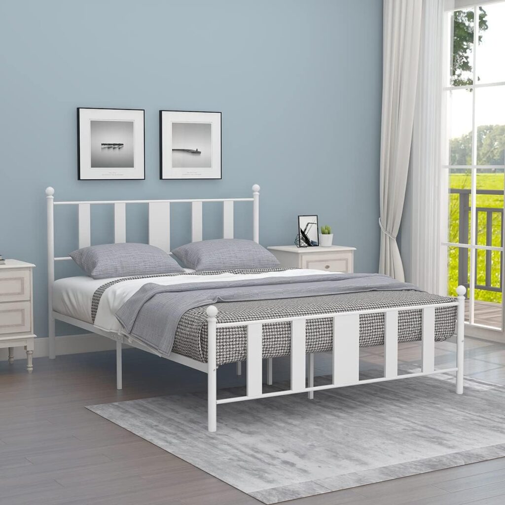 Queen Size Metal Bed Frame with Victorian Vintage Style Headboard and Footboard, Base Bed Frame No Box Spring Needed, Platform Bed with 10 Under-Bed Storage (White, Queen)