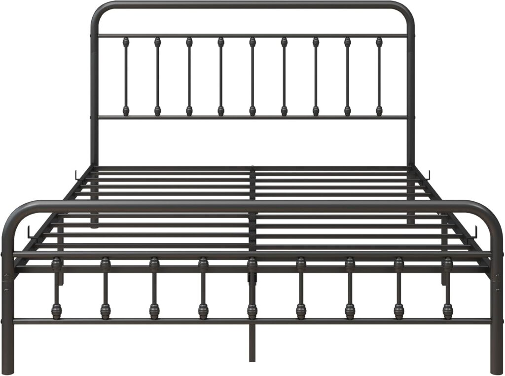 Queen Size Metal Bed Frame with Vintage Headboard and Footboard, Premium Steel Slat Support, No Box Spring Needed, Noise-Free, Sturdy Black Platform