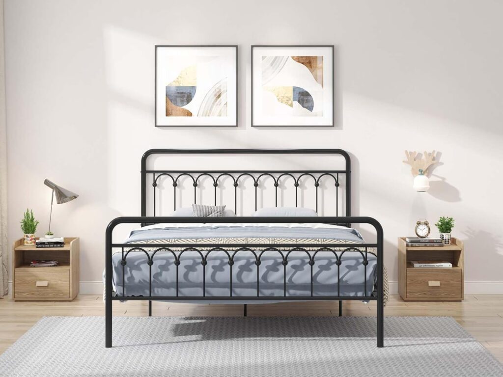 Queen Size Metal Platform Bed Frame with Iron-Art Headboard and Footboard, Hardened Steel Slats, 11 Under Bed Storage, Noise-Free, No Box Spring Needed, Easy Assembly