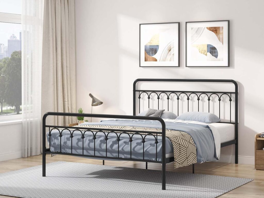 Queen Size Metal Platform Bed Frame with Iron-Art Headboard and Footboard, Hardened Steel Slats, 11 Under Bed Storage, Noise-Free, No Box Spring Needed, Easy Assembly