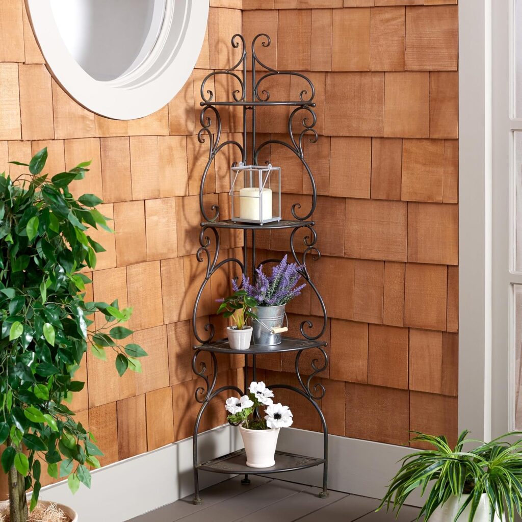 SAFAVIEH Outdoor Collection Turuca Black Rust Wrought Iron 4-Tier Corner Shelf (Fully Assembled)