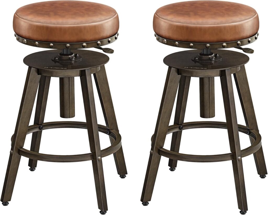 SONGMICS HOME Bar Stools, Set of 2, Steampunk Counter Stool for Kitchen, Adjustable Height and Swivel Padded Seat, Workbench Stool, 16.5 x 19.3 x 24.6-29.3 Inches, Caramel Brown ULJB096K01