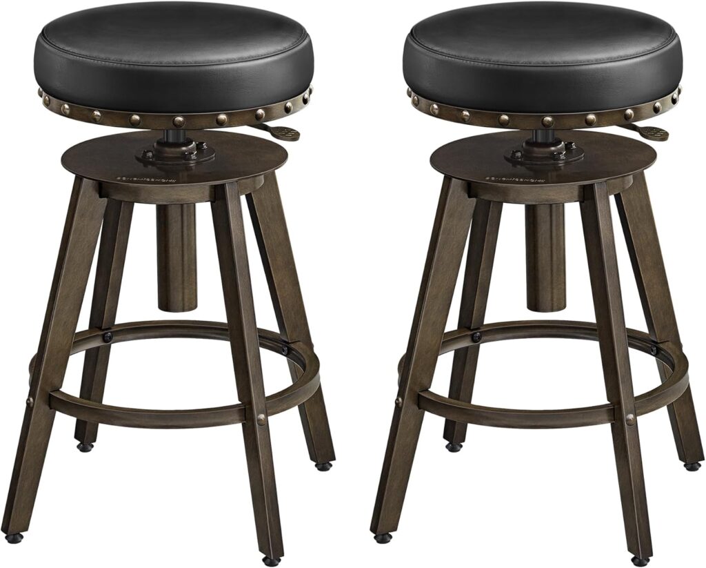 SONGMICS HOME Bar Stools, Set of 2, Steampunk Counter Stool for Kitchen, Adjustable Height and Swivel Padded Seat, Workbench Stool, 16.5 x 19.3 x 24.6-29.3 Inches, Caramel Brown ULJB096K01