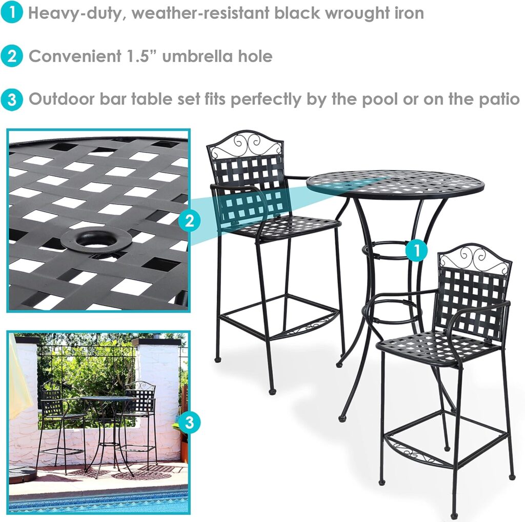 Sunnydaze 47.5-Inch H Wrought Iron Outdoor Bar Chairs with Scrolling Design - Set of 2 - Black