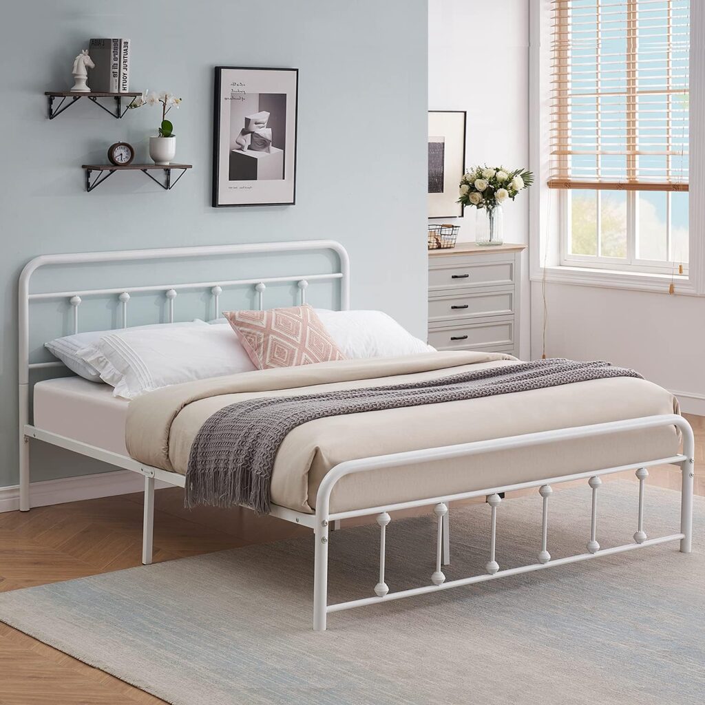 VECELO Metal Bed Frame Queen Size Platform with Vintage Style Headboard  Footboard, Premium Steel Slat Support Mattress Foundation