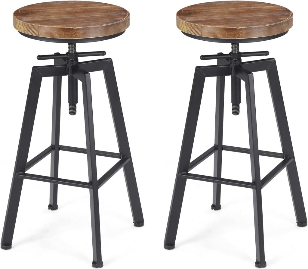 Vintage Adjustable Bar Stools Set of 2, Height Ranges from 24.8 to 30.8 inch, Natural Wood Seat and Heavy Metal Frame Rustic Industrial Swivel Bar Stools