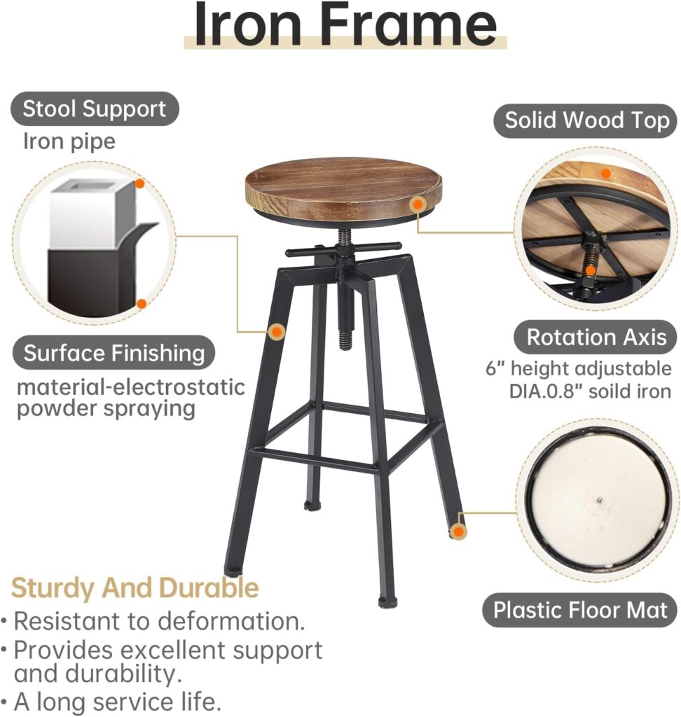 Vintage Adjustable Bar Stools Set of 2, Height Ranges from 24.8 to 30.8 inch, Natural Wood Seat and Heavy Metal Frame Rustic Industrial Swivel Bar Stools