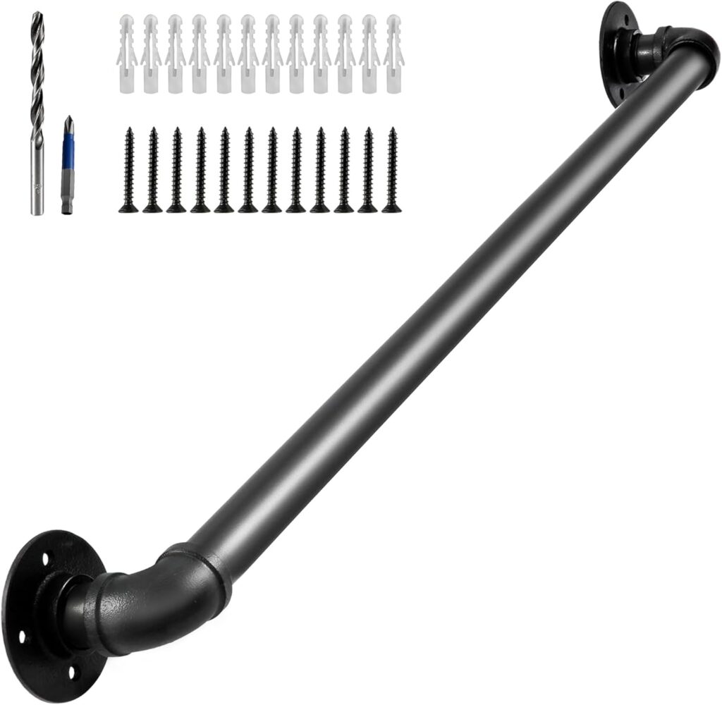 Wall Handrail 2ft for Stairs Steps,Metal Staircase Handrail,Black Galvanized Industrial Iron Hand Rail for Indoor  Outdoor Wall Mount Support,Iron Banister Rail, Safety Grab Handle