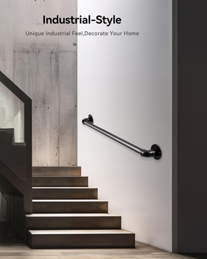 Wall Handrail 2ft for Stairs Steps,Metal Staircase Handrail,Black Galvanized Industrial Iron Hand Rail for Indoor  Outdoor Wall Mount Support,Iron Banister Rail, Safety Grab Handle