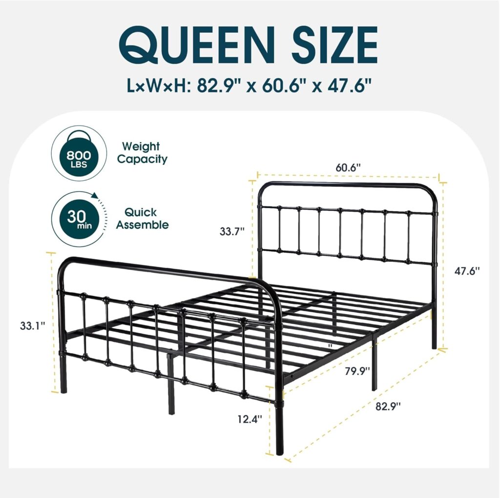 WEEWAY Queen Size Metal Bed Frame with Wrought Iron-Art Curved Headboard, Victorian Vintage Style Platform Bed, No Box Spring Required, Black