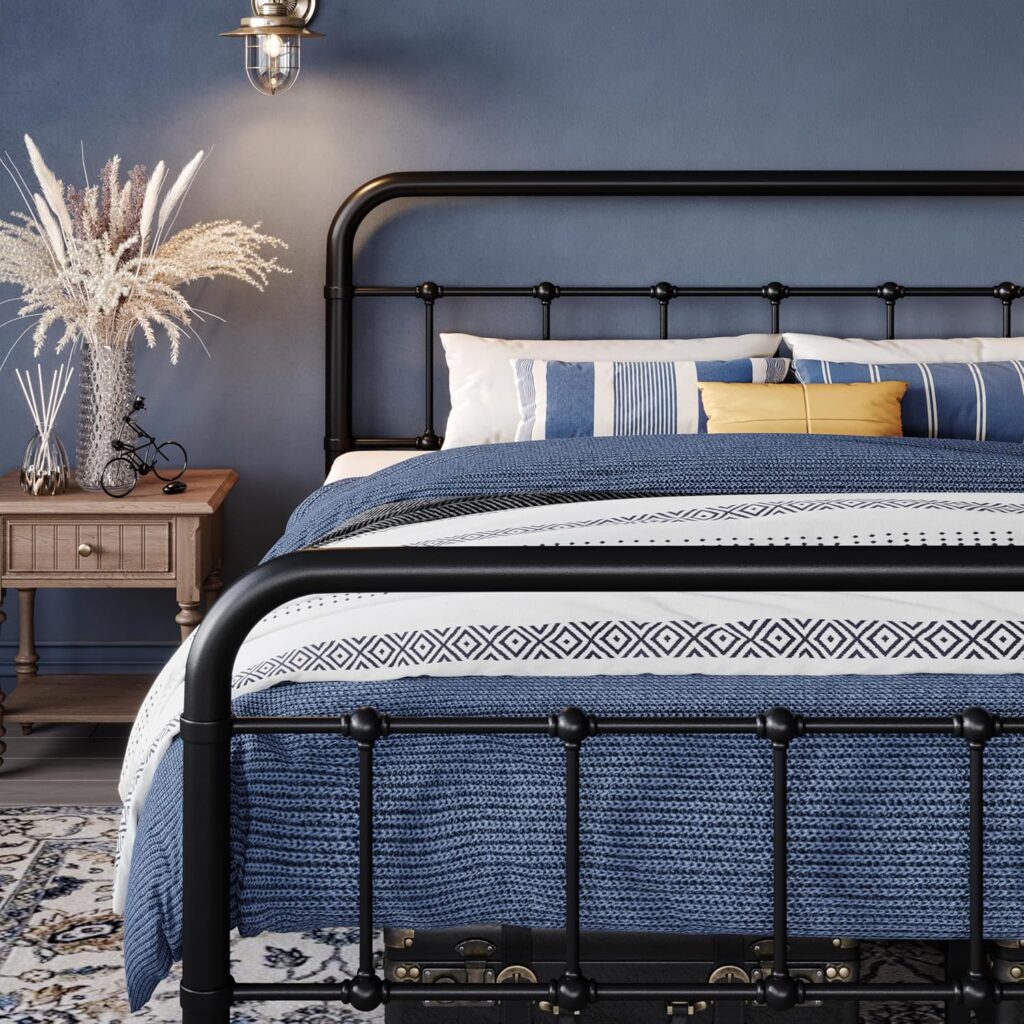 WEEWAY Queen Size Metal Bed Frame with Wrought Iron-Art Curved Headboard, Victorian Vintage Style Platform Bed, No Box Spring Required, Black