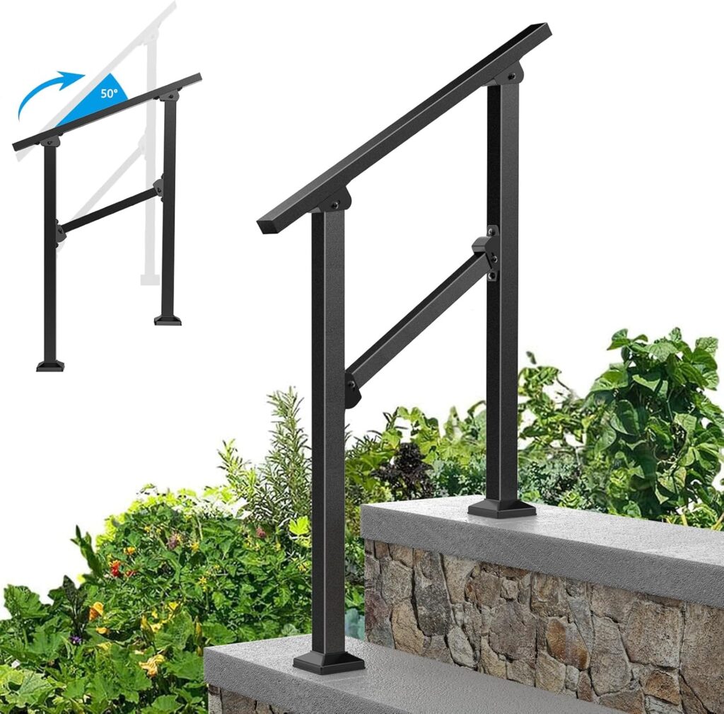 Wrought Iron Handrails for Outdoor Steps - Exterior Hand Rails for Concrete Steps Outside Metal Stair Railing Porch 2 Step