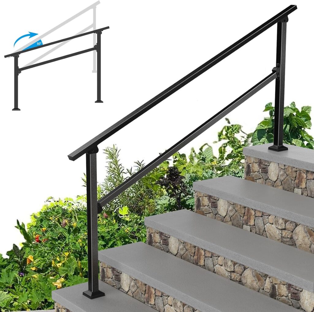 Wrought Iron Handrails for Outdoor Steps - Exterior Hand Rails for Concrete Steps Outside Metal Stair Railing Porch 2 Step