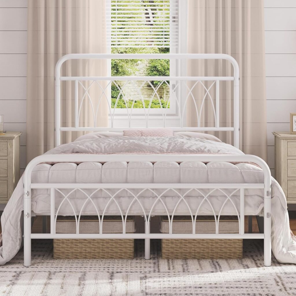 Yaheetech Twin Bed Frame Metal Platform Bed with Petal Accented Headboard/Footboard/14.4 Inch Under Bed Storage/No Box Spring Needed,Antique Gold