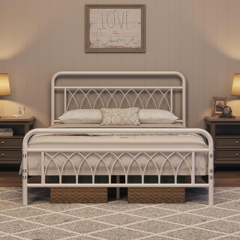 Yaheetech Twin Bed Frame Metal Platform Bed with Petal Accented Headboard/Footboard/14.4 Inch Under Bed Storage/No Box Spring Needed,Antique Gold