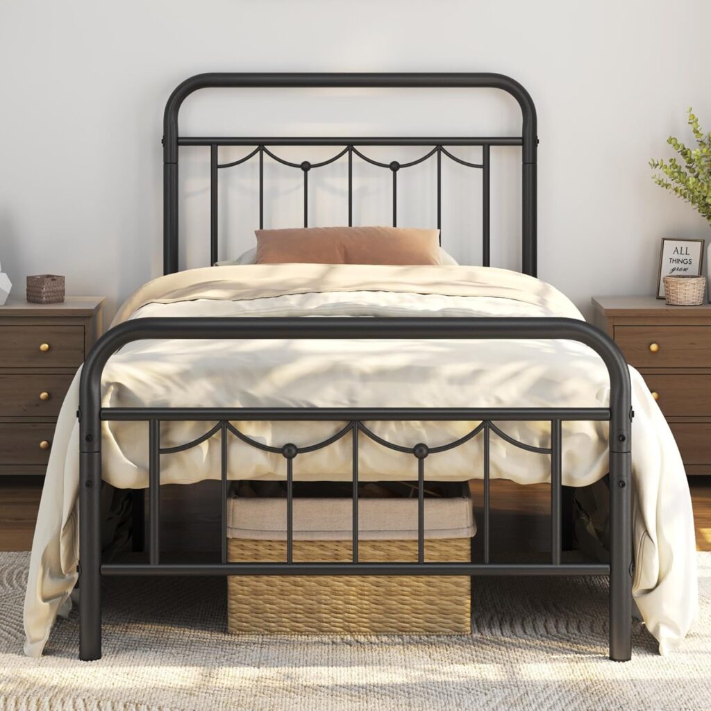 Yaheetech Twin Size Metal Bed Frames with Vintage Headboard and Footboard, Farmhouse Metal Platform Bed, Heavy Duty Steel Slat Support, Ample Under-Bed Storage, No Box Spring Needed, Black