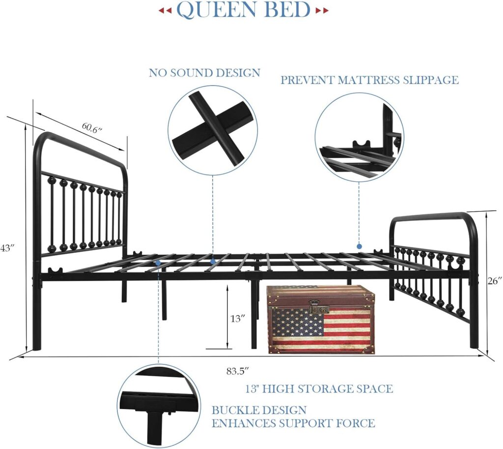 YALAXON Vintage Sturdy Full Size Metal Bed Frame with Headboard and Footboard Basic Bed Frame No Box Spring Needed，Black