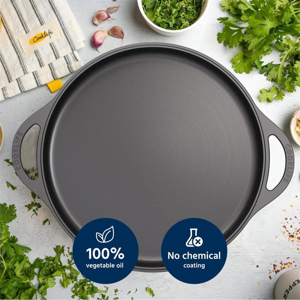 12 Inch Smooth  Light Cast Iron Griddle - Pre-Seasoned Round Cast Iron Pizza Pan - Easy to Clean Polished Cast Iron Pan Use in the Oven, on the Stove or Grill, Over a Campfire - Black