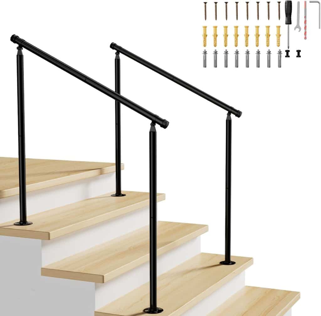 2 Pack 3 Step Hand Rails for Outdoor Steps, Black Deck Railing with Installation Kit, Exterior Stair Railing for Concrete, Porch and Wooden Stairs