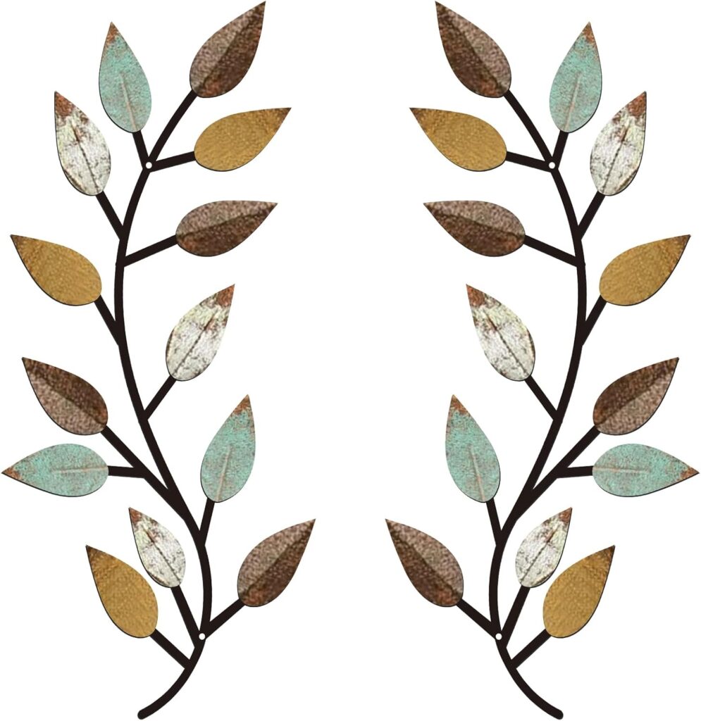 2 Pieces Metal Tree Leaf Wall Decor Vine Olive Branch Leaf Wall Art Wrought Iron Scroll Above The Bed, Living Room, Outdoor Decoration (Retro White)